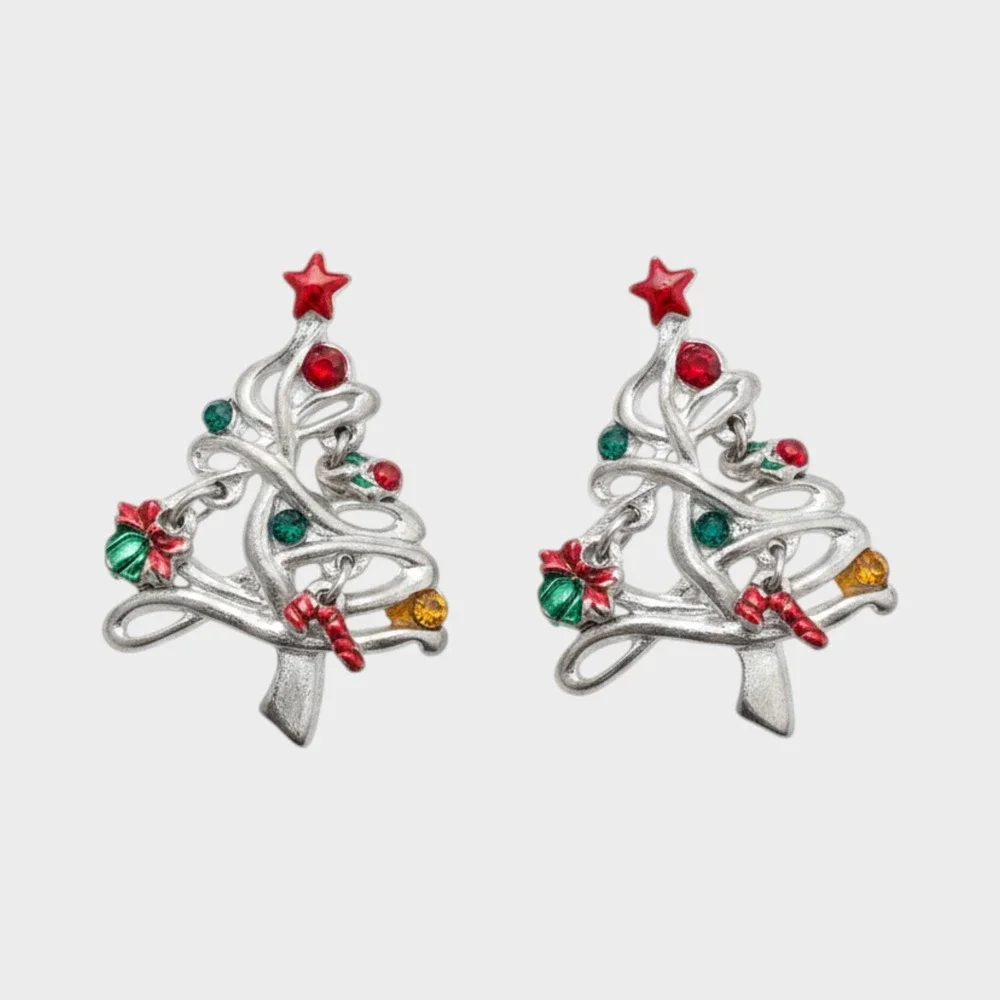 Vintage Unbranded Christmas Tree Earrings Women OS Silver Red Green Enamel Studs - Picture 1 of 6